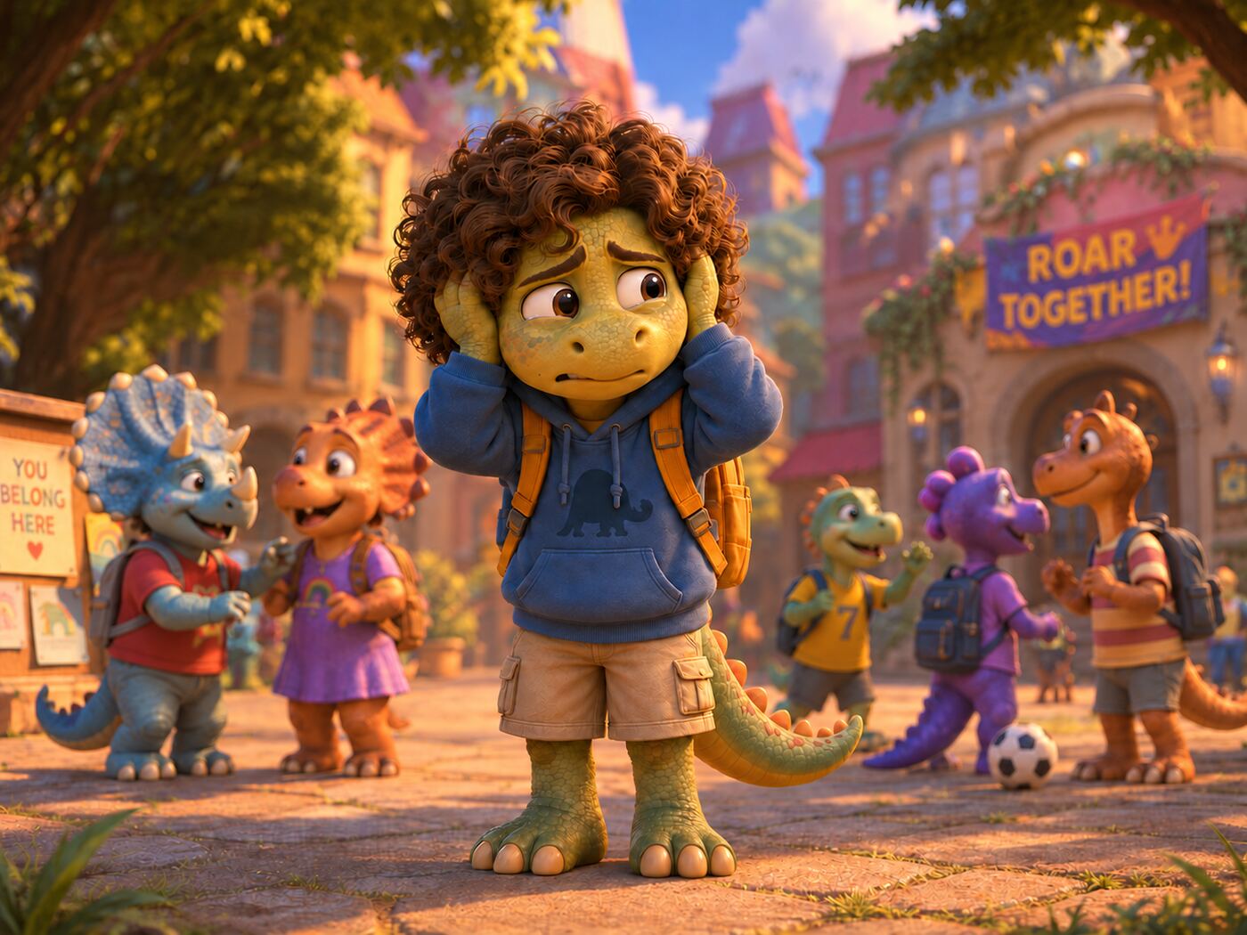 Dino covering his ears in a busy school courtyard under a Roar Together banner