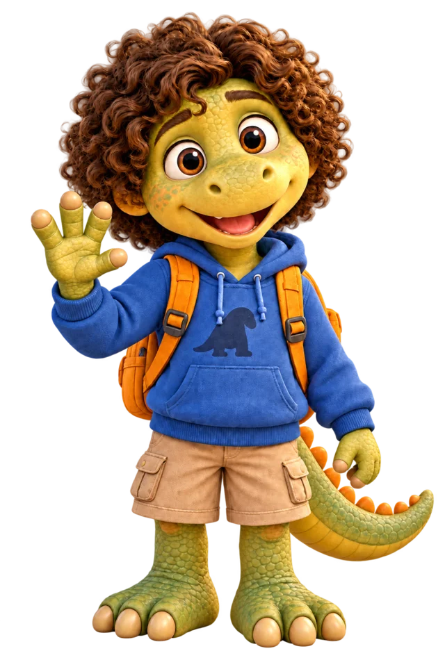 Dino waving hello in his blue hoodie and orange backpack